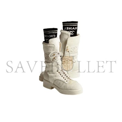 CHANEL LACE-UPS CALFSKIN, KNIT & SUEDE CALFSKIN WHITE & BLACK G39506 Y56127 K4955